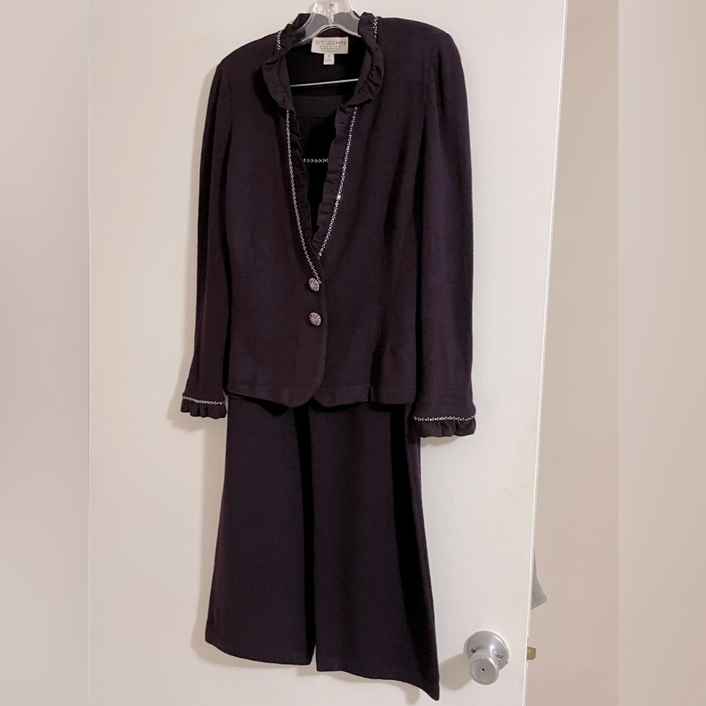 St. John Evening 3-Piece Eggplant Evening Beaded w/Dickey, Crystal Buttons 4/6